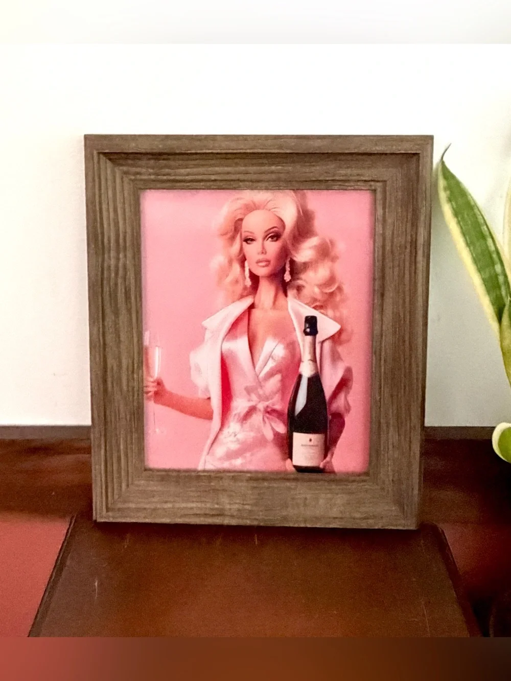 Champagne Barbie Doll Pink Canvas Art Print Wood Framed Wall Hanging Art 11x13”